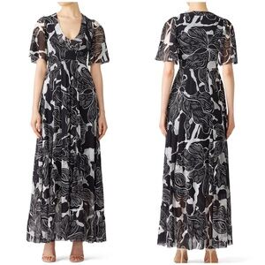 FUZZI Black White Floral Flower Deco Maxi Dress V-Neck Crepe Nylon - Size XS